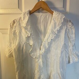 White Ruffled V-Neck Puff Sleeve Blouse NWOT